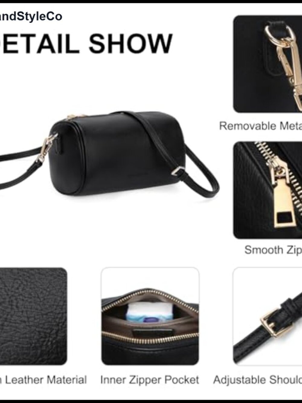 Vegan Leather Crossbody Barrel Bag Zip Cylinder Purse Adjustable Strap - Picture 3 of 5